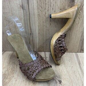 ana Slip On Summer High Heel Sandal Shoes 023-5462 Weave Open Toe Brown Size 9M